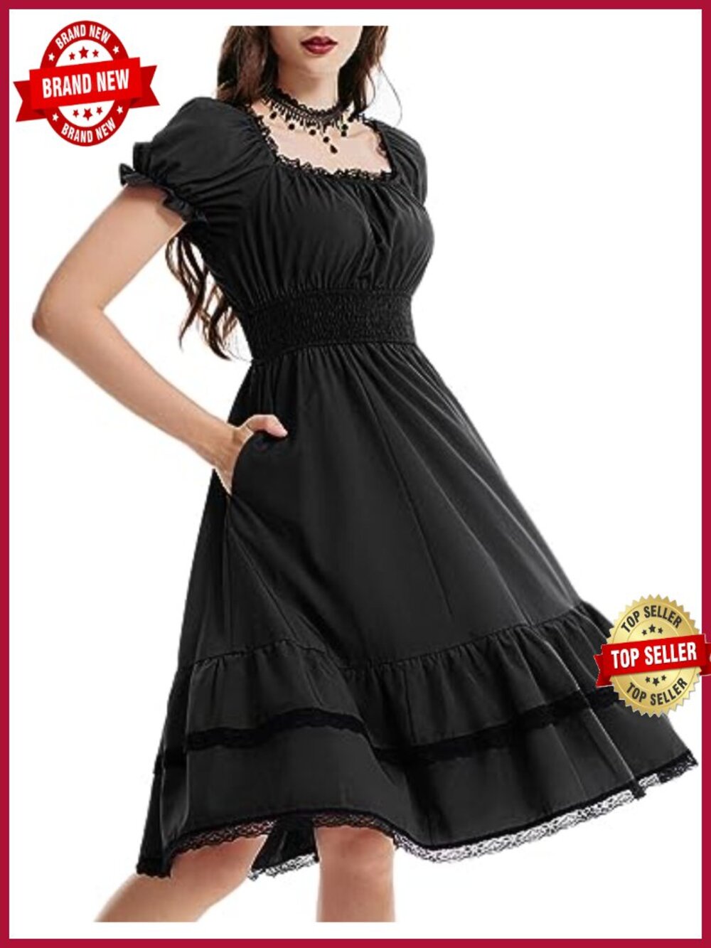 Gothic Pirate Corset Dress Square Neck Puff Sleeve Smocked Waist Midi A-Line